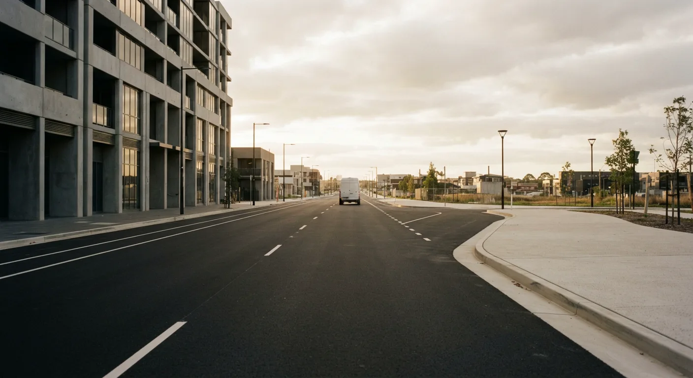 A newly paved urban street with white lane markings, concrete sidewalks, young street trees and a multi-storey concrete-framed building at sunrise.